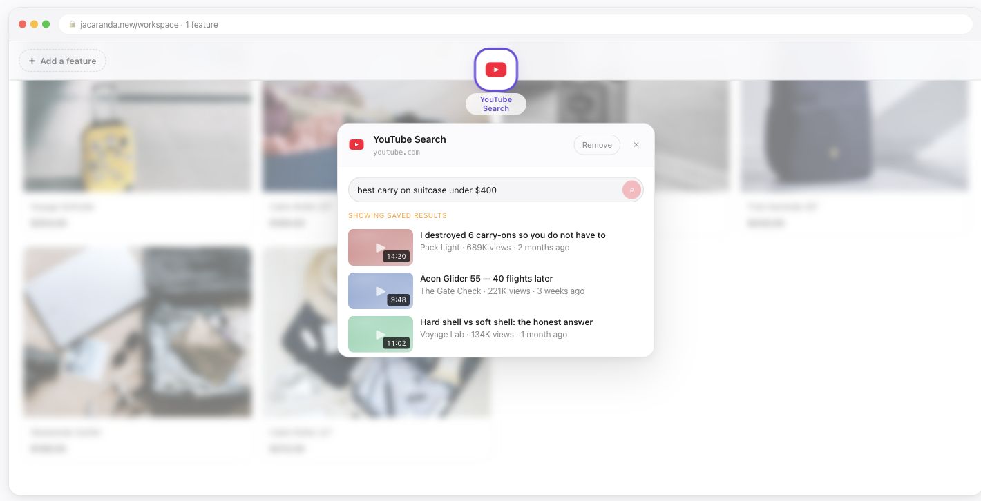 Jacaranda prototype brings a YouTube search feature into a shopping workspace, displaying saved review-video results.
